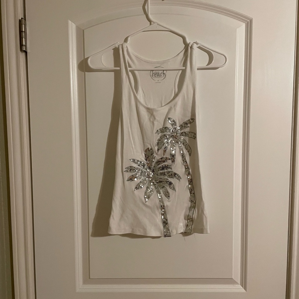 Love Beach | Sequin White Palm Tree Tank Top